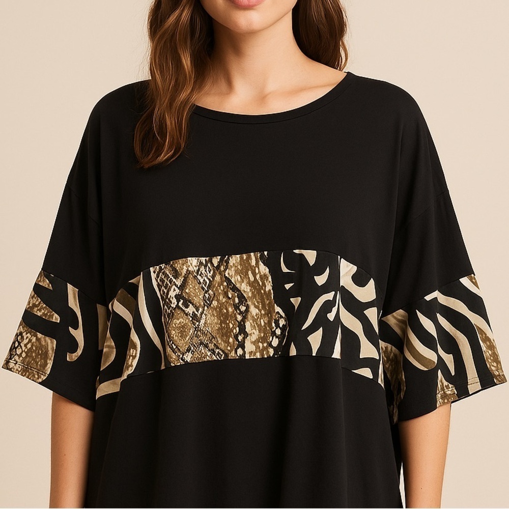 Alembika Animal Print Colorblock Batwing Top Black Size 2 US 8-10
